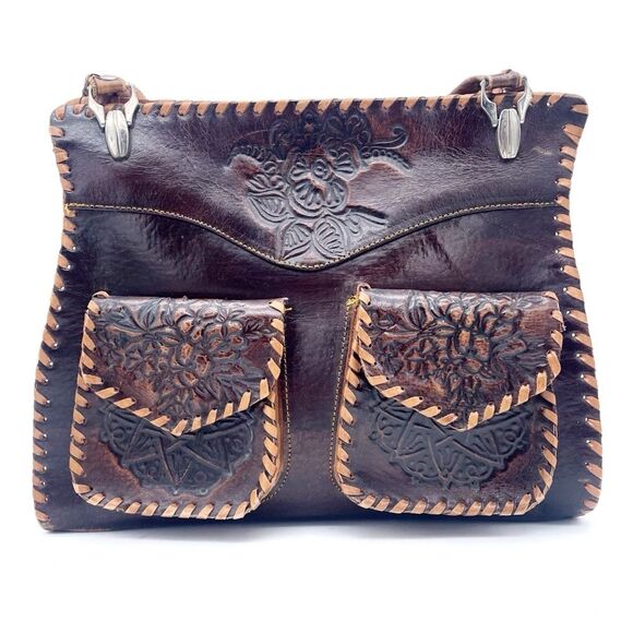 Vintage Tooled Leather Purse Brown Shoulder Bag Western Boho Saddlestitch - Picture 2 of 16